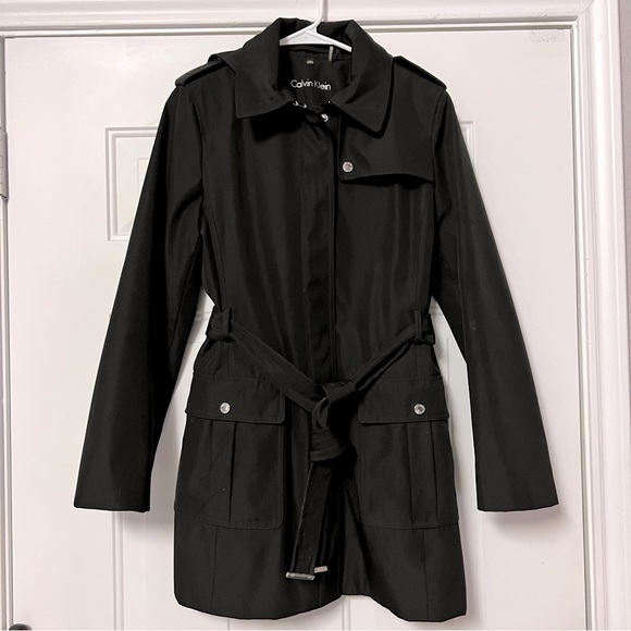 Calvin Klein Jackets & Blazers - NWOT Calvin Klein Black Zip Up and Snaps trench raincoat Hood Silver Hardware M